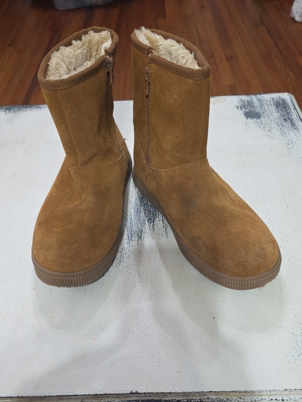 Cat & Jack Girl's Sueded Leather Faux Fur Lined Booties Caramel Brown Zips Sz 5